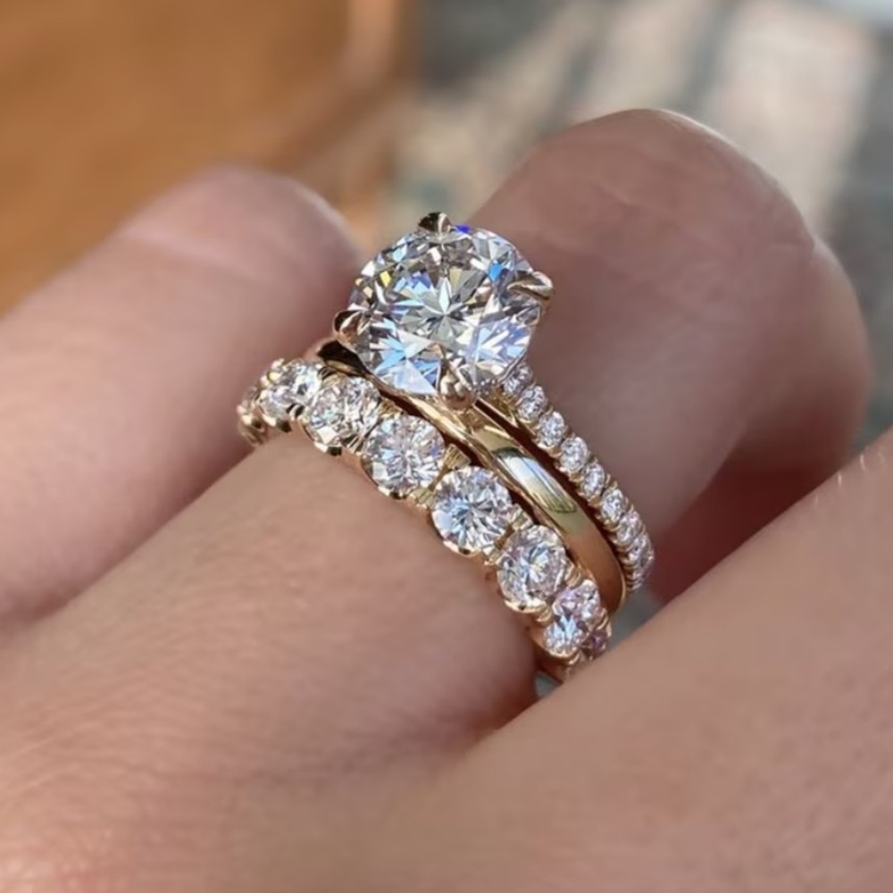 Gold Plated Moissanite Engagement Ring Set with Round Brilliant Center - Gold 8